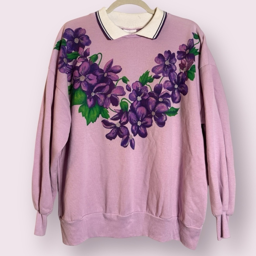Vintage Harbor For Her Purple Floral Collared Crewneck Sweater Large
